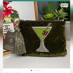 Hand Beaded Velvet Martini Cosmetic Bag or Clutch with Tassel NWT